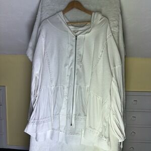 POL Oversized Beachy Lace Trim Full Zip Hoodie White Balloon Sleeve Boho M Light